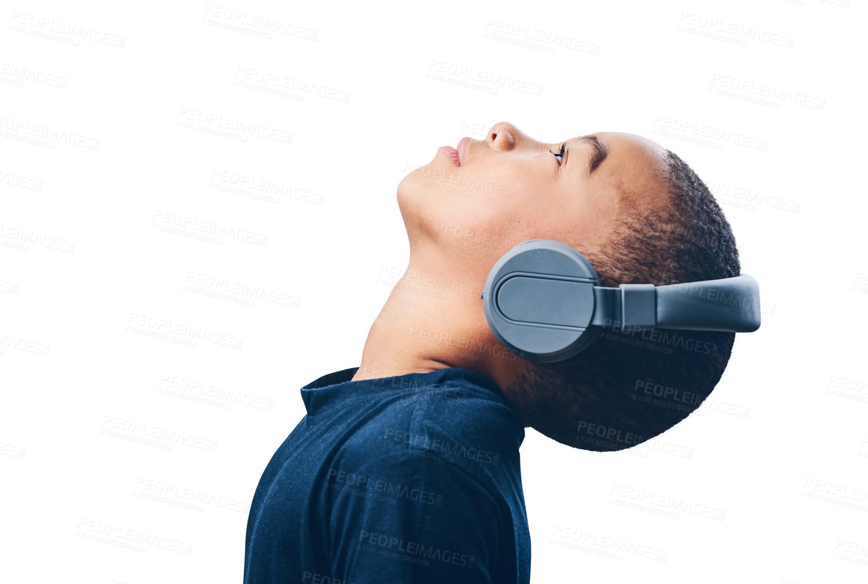 Buy stock photo Profile, kid and headphones for music looking up isolated on a transparent png background. Radio, headphone and young African child listening to podcast, song or audio, sound or boy streaming hip hop