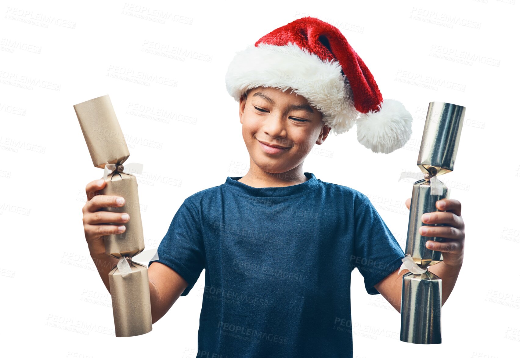 Buy stock photo Christmas, playing or child with crackers in celebration of a holiday with happiness or joy in party. Curious, playful or young boy thinking of toy gifts isolated on transparent png background  