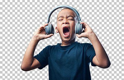 Buy stock photo Shout, music and child with headphones for radio, streaming service and wow isolated on transparent png background. Boy, kid and mouth open while listening to rock audio, singing with energy and loud