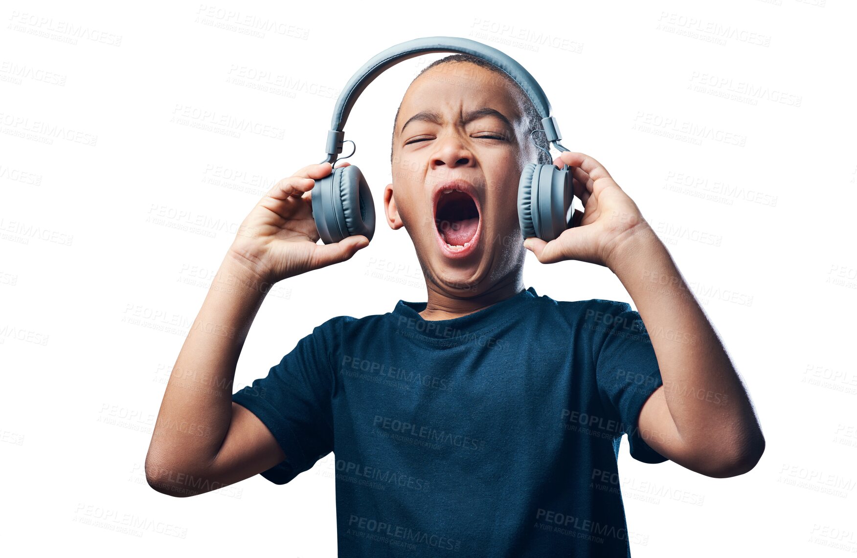 Buy stock photo Shout, music and child with headphones for radio, streaming service and wow isolated on transparent png background. Boy, kid and mouth open while listening to rock audio, singing with energy and loud