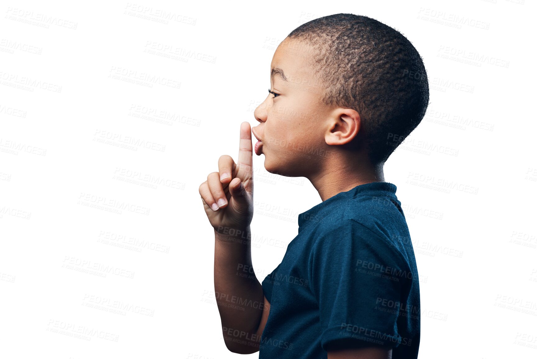 Buy stock photo Profile, boy and secret with finger to lips, silent emoji and hand gesture isolated on transparent png background. Quiet, mystery and whisper, hide news with shush and young male child with gossip