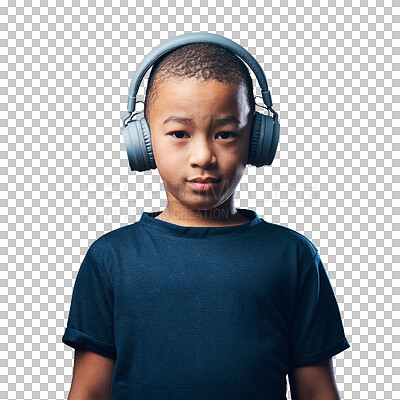 Buy stock photo Boy child, portrait with headphones and listening to music, online streaming or isolated on transparent png background. Radio, audio and connection of wireless sound tech, male kid and entertainment