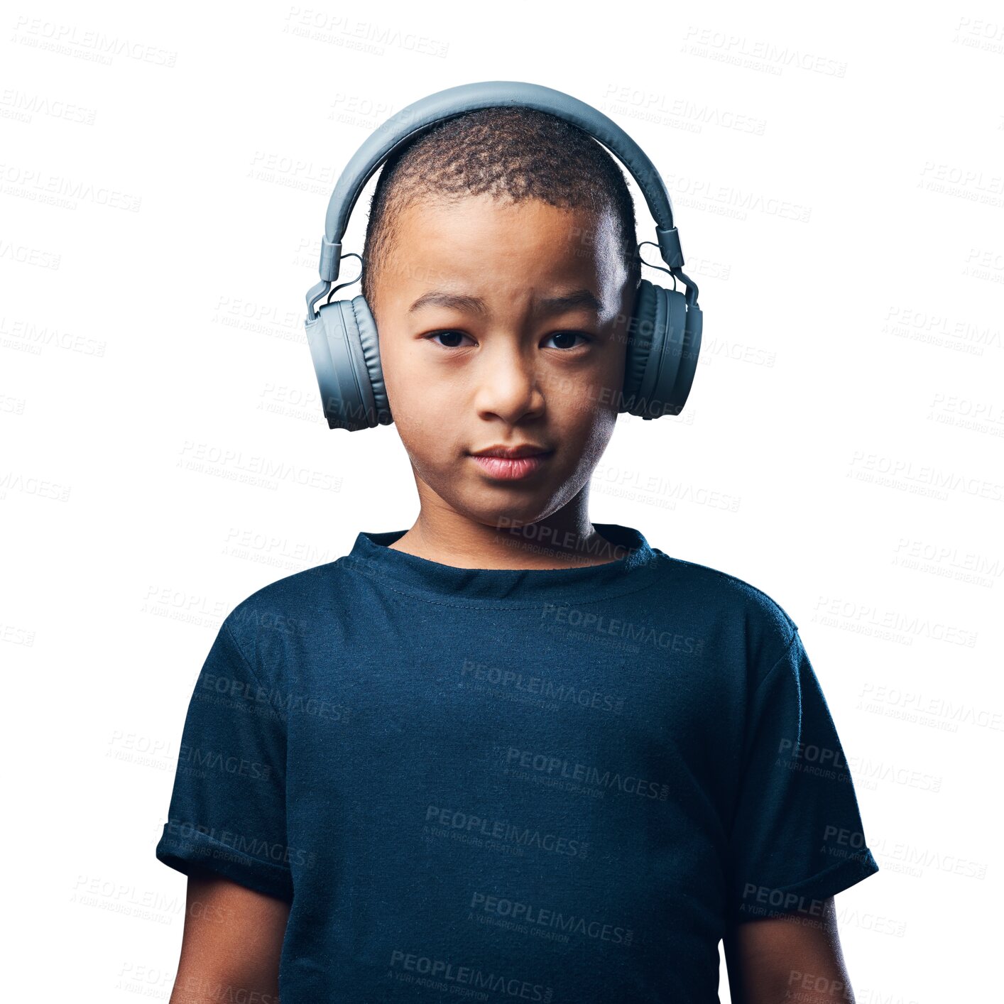 Buy stock photo Boy child, portrait with headphones and listening to music, online streaming or isolated on transparent png background. Radio, audio and connection of wireless sound tech, male kid and entertainment