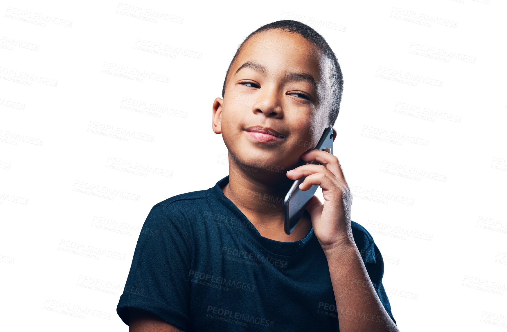 Buy stock photo Isolated boy child, phone call and thinking with listening, chat or contact by transparent png background. Young male kid, cellphone or tech with idea, question or secret for communication on network