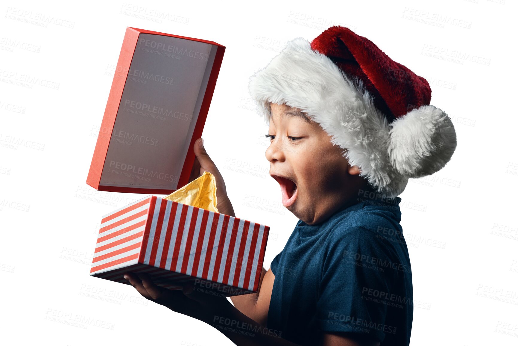 Buy stock photo Isolated boy, Christmas and surprise for box, wish and happy for gift by transparent png background. Young male kid, xmas fashion and hat with wow for present, package and festive event or holiday