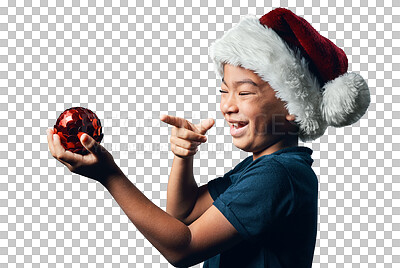 Buy stock photo Christmas decoration, pointing and a child with a hat to get ready for the holidays. Smile, boy kid and a gesture to a ball for a festive event and laughing isolated on transparent png background