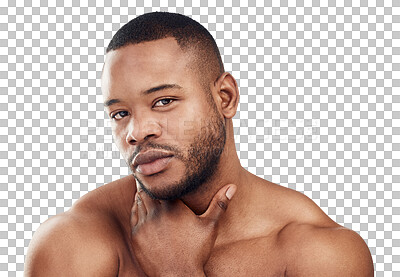 Buy stock photo Black man in portrait, beauty and skin with hygiene, skincare and dermatology isolated on transparent png background. Natural cosmetics, clean facial and serious male model with cosmetic care