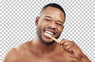 Buy stock photo Dental, brushing teeth and smile with portrait of black man on transparent background for beauty, cleaning and morning. Health, wellness and face of person isolated on png for fresh and oral hygiene