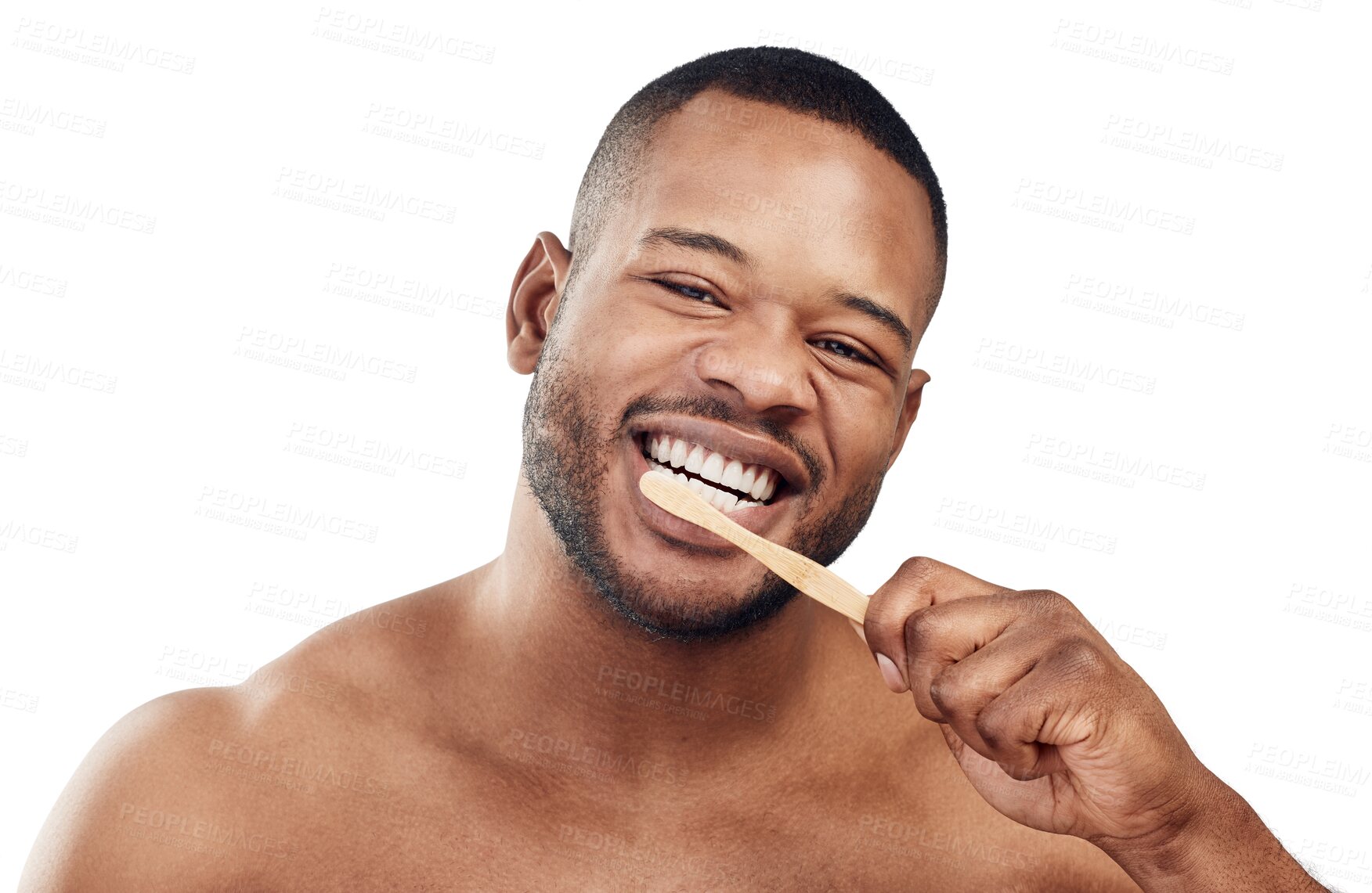 Buy stock photo Dental, brushing teeth and smile with portrait of black man on transparent background for beauty, cleaning and morning. Health, wellness and face of person isolated on png for fresh and oral hygiene