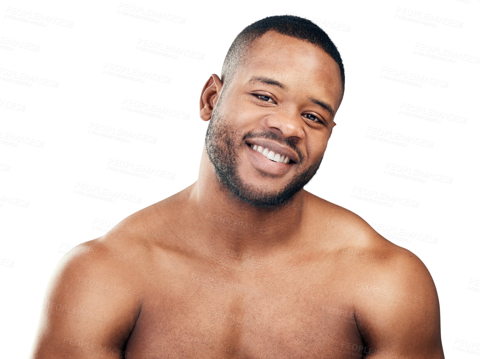 Buy stock photo Portrait, beauty or happy black man with natural skincare isolated on transparent png background. Healthy face, clean facial smile or African handsome male person with self love, glow or wellness 