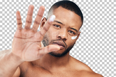 Buy stock photo Portrait of black man with skincare cream on hand on isolated, png and transparent background. Dermatology, wellness and male person with moisturizer for cosmetics, lotion and face creme application