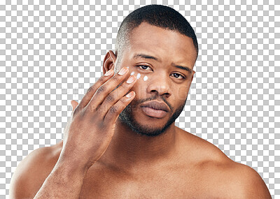 Buy stock photo Skincare cream, beauty and portrait of black man on isolated, png and transparent background. Dermatology, wellness and male person with moisturizer for cosmetics, lotion and clean face application