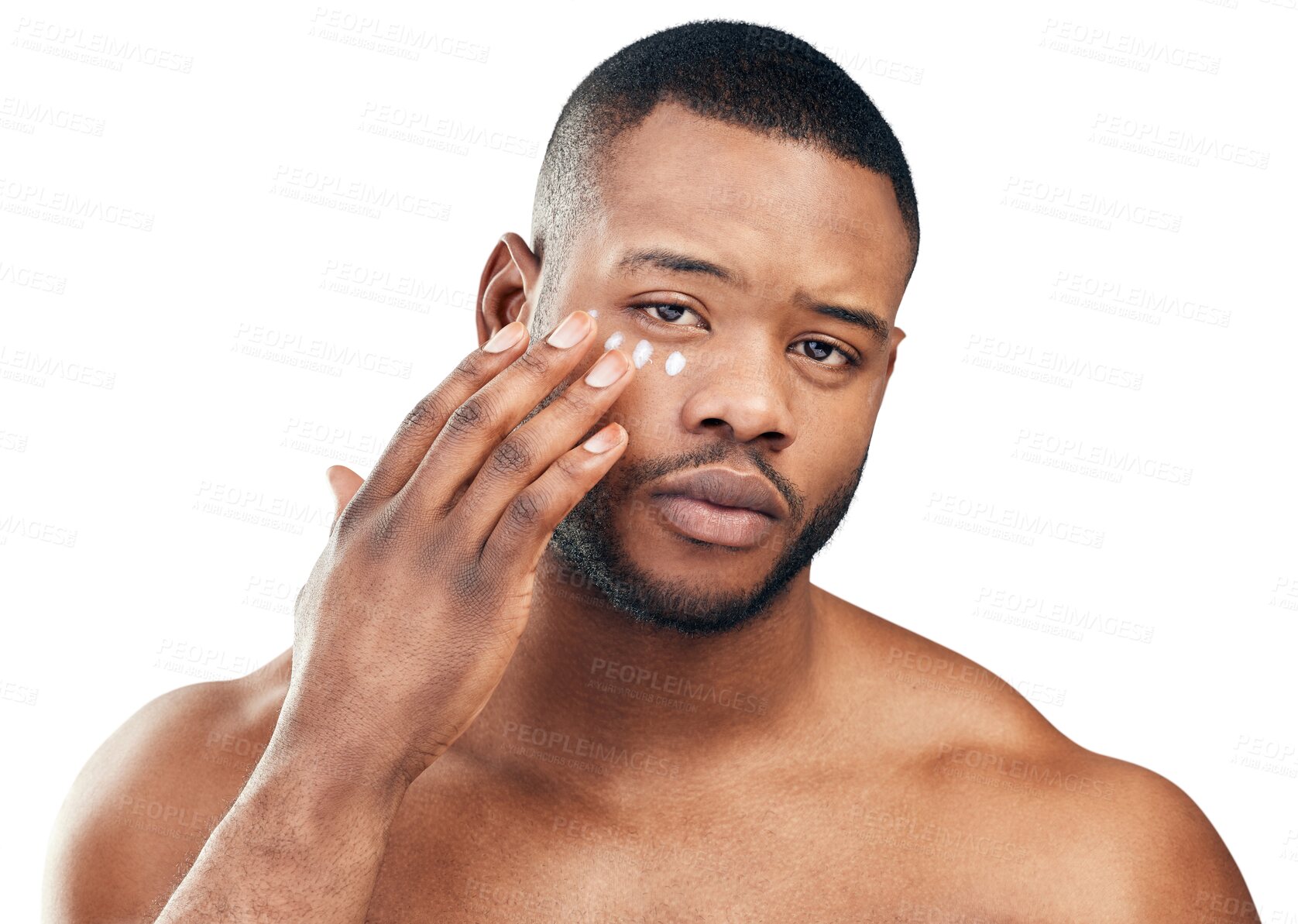 Buy stock photo Skincare cream, beauty and portrait of black man on isolated, png and transparent background. Dermatology, wellness and male person with moisturizer for cosmetics, lotion and clean face application