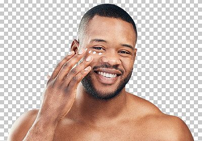 Buy stock photo Skincare, cream and portrait of happy black man on isolated, png and transparent background. Dermatology, wellness and male person with moisturizer for cosmetics, lotion and face creme application
