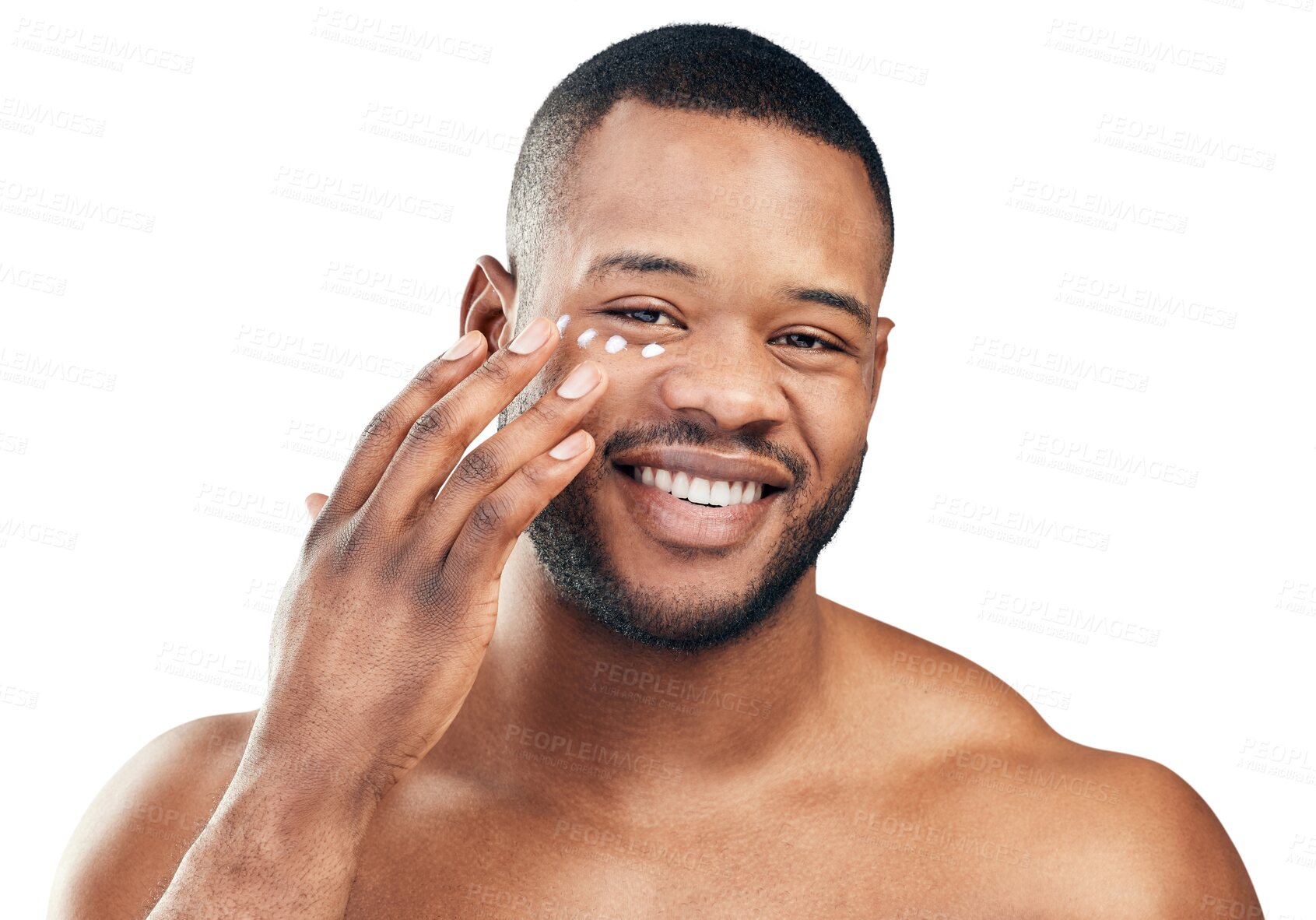 Buy stock photo Skincare, cream and portrait of happy black man on isolated, png and transparent background. Dermatology, wellness and male person with moisturizer for cosmetics, lotion and face creme application