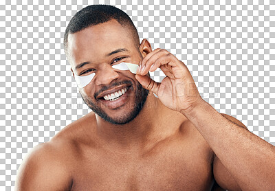 Buy stock photo Portrait, eye patch and black man with skincare, dermatology and cosmetics isolated against a transparent background. Face, male person and model with png, cosmetics for dark circles and self care