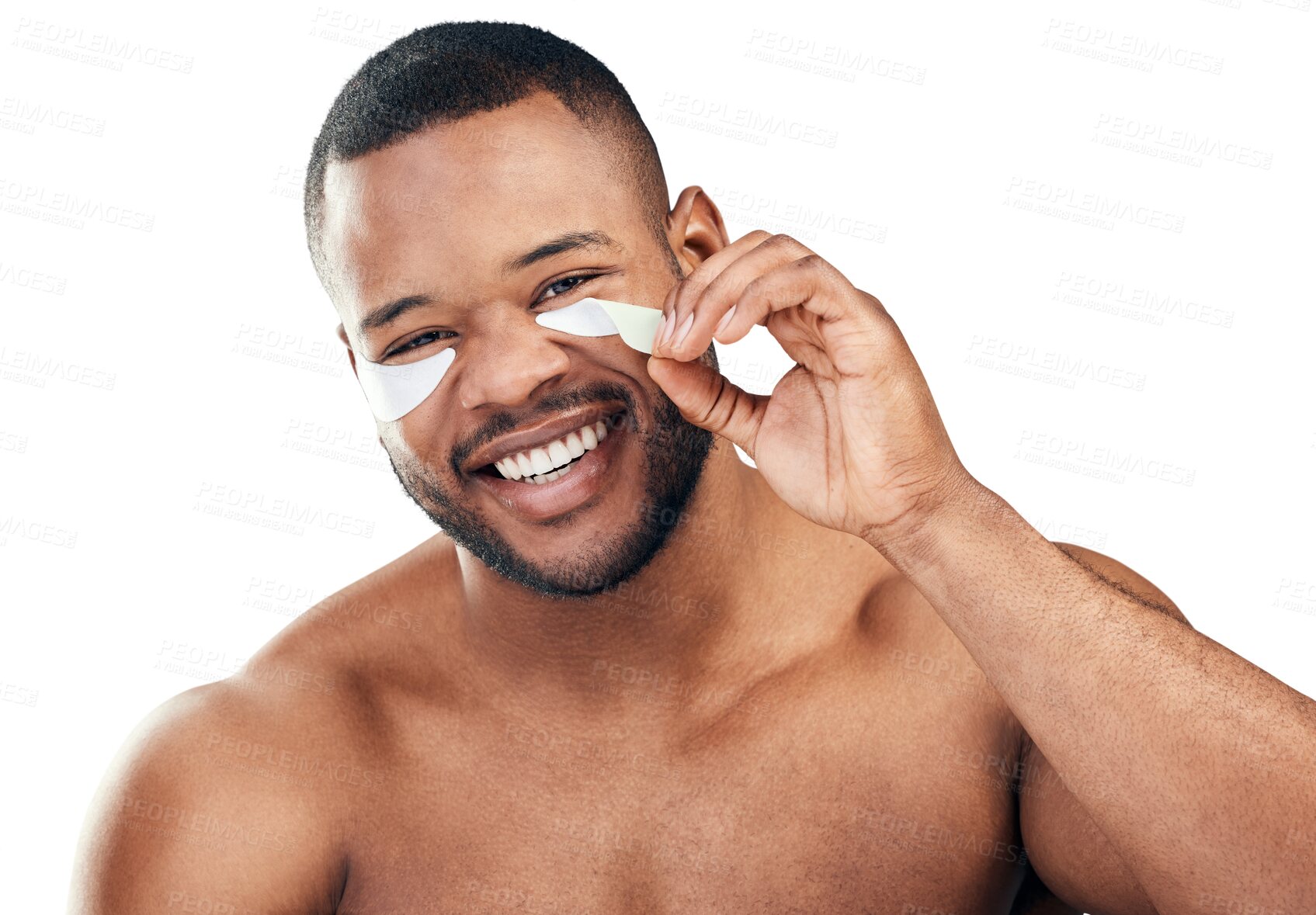 Buy stock photo Portrait, eye patch and black man with skincare, dermatology and cosmetics isolated against a transparent background. Face, male person and model with png, cosmetics for dark circles and self care