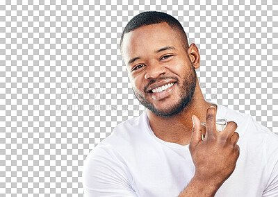 Buy stock photo Perfume, portrait and black man spraying isolated on a transparent png background. Face, smile and African model with fragrance, cologne or parfum cosmetics for wellness, grooming or fresh scent.