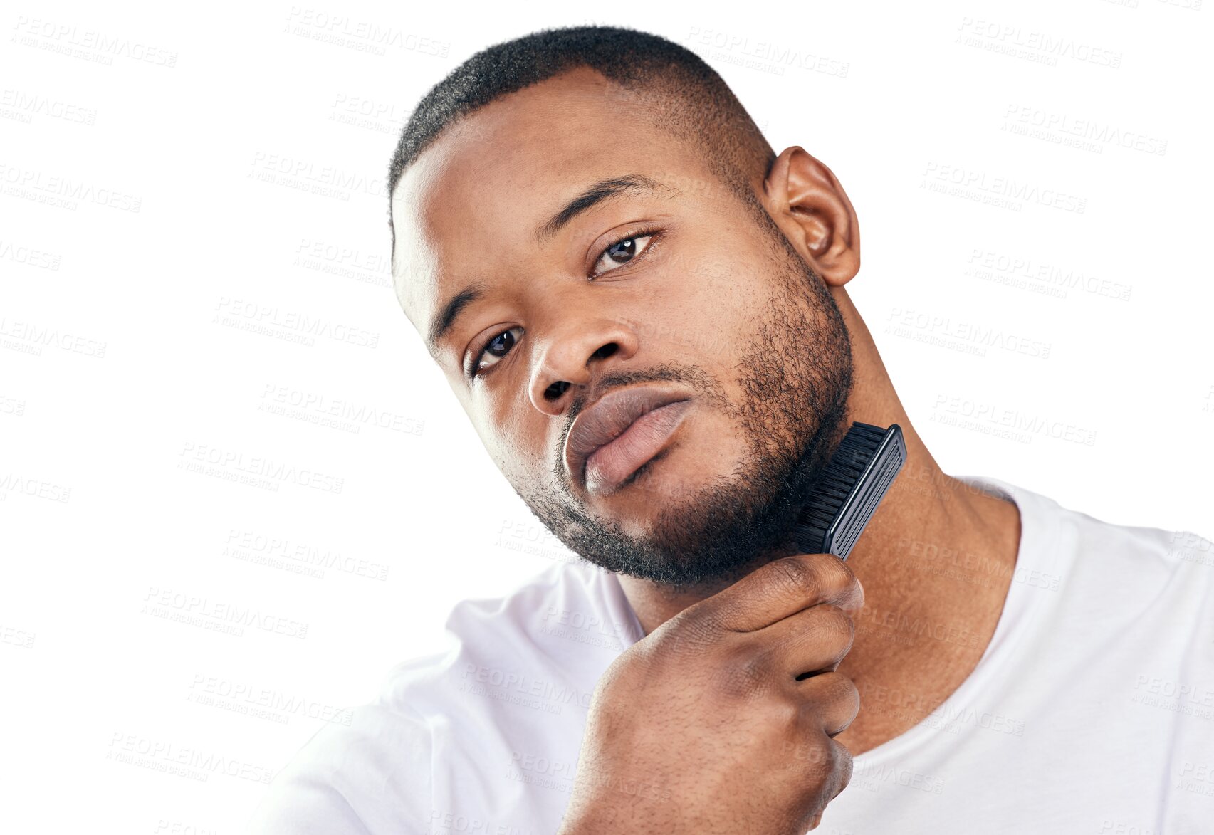 Buy stock photo Portrait, beauty or black man brushing beard or grooming isolated on transparent png background. Natural face, facial hair care maintenance or African handsome male person with self love or wellness 