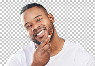 Buy stock photo Face, beard and black man with comb isolated on a transparent png background. Portrait, beauty and African male model combing for aesthetic, wellness and grooming, hairstyle and facial hair care.