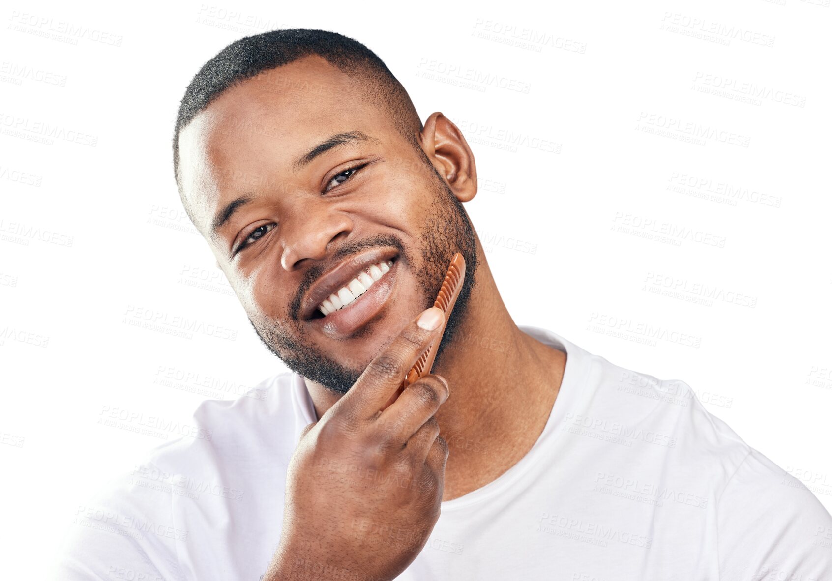 Buy stock photo Face, beard and black man with comb isolated on a transparent png background. Portrait, beauty and African male model combing for aesthetic, wellness and grooming, hairstyle and facial hair care.