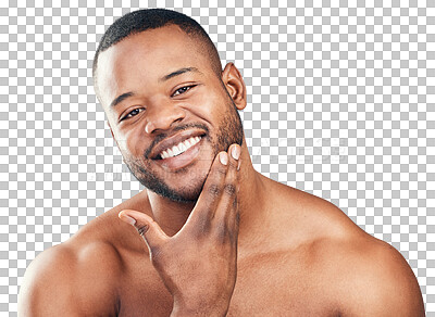 Buy stock photo Face, touch and happy black man isolated on a transparent png background. Portrait, confidence and African model touching beard for wellness, grooming or hair care, skincare and beauty cosmetics.