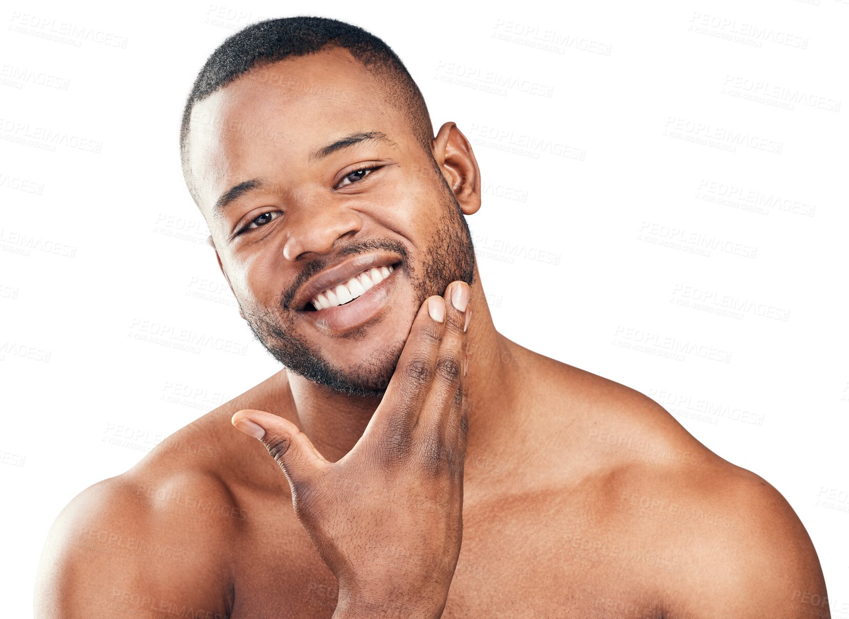 Buy stock photo Face, touch and happy black man isolated on a transparent png background. Portrait, confidence and African model touching beard for wellness, grooming or hair care, skincare and beauty cosmetics.