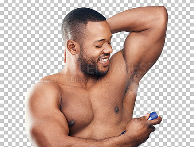 Buy stock photo Armpit, deodorant and black man with spray isolated on a transparent png background. Perfume, smile and African model with fragrance, hygiene or parfum cosmetics for wellness, grooming or fresh scent