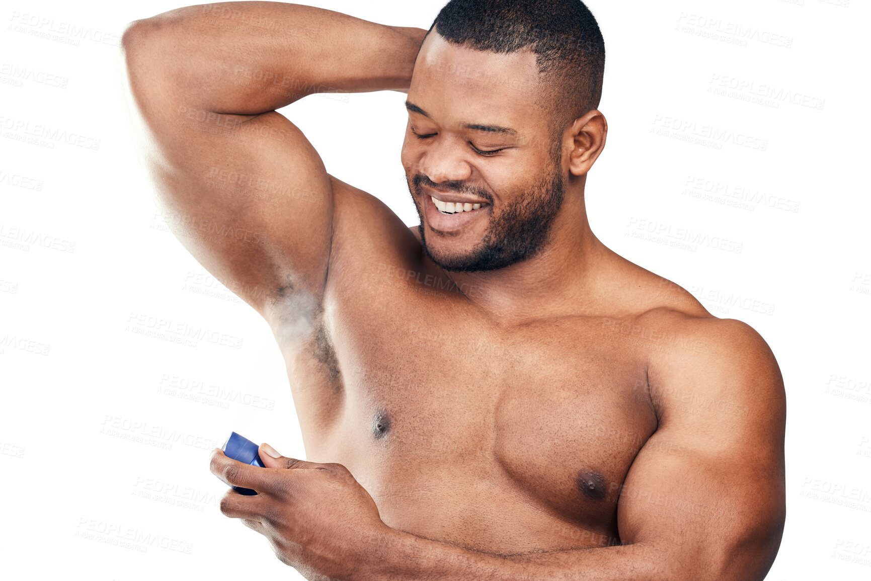 Buy stock photo Deodorant, armpit and black man with spray isolated on a transparent png background. Perfume, underarm and African model with fragrance, cologne or parfum cosmetics for wellness, grooming and smile.