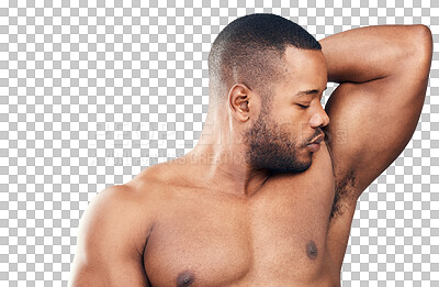 Buy stock photo Smell, hygiene or black man with sweat on armpit for deodorant isolated on transparent png background. Perfume, cosmetics or person checking skincare, odor or natural underarm grooming with self love