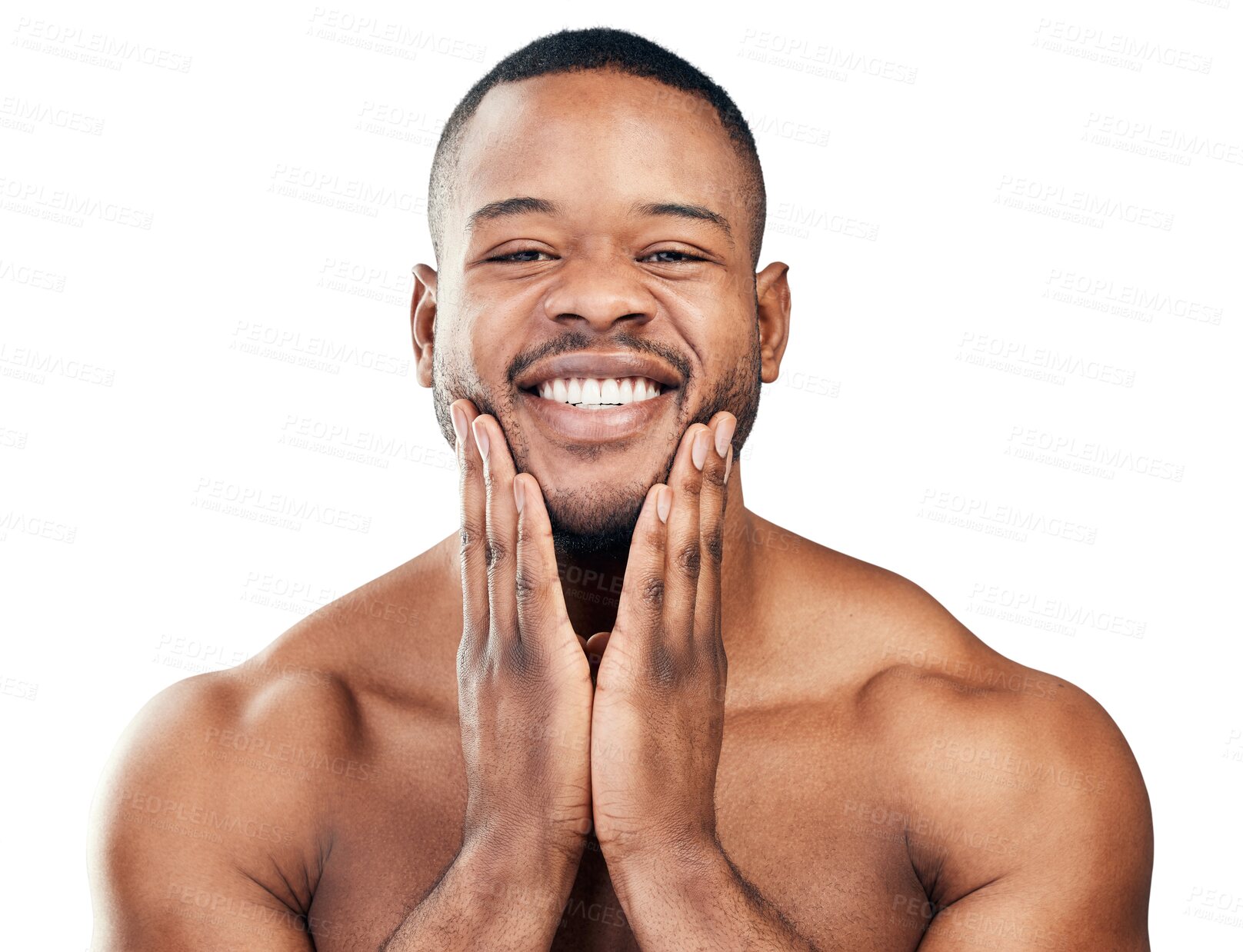 Buy stock photo Portrait, skincare or happy black man with natural beauty isolated on transparent png background. Healthy face, clean facial grooming or African handsome person smiling with self love or wellness 