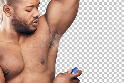 Buy stock photo Spray, armpit or black man with deodorant for self care or beauty isolated on transparent png background. Fresh body cosmetics, product or African person with natural perfume for clean underarms odor