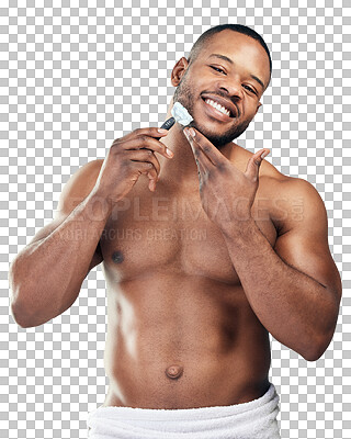 Buy stock photo Happy black man, portrait or shaving beard for skincare grooming isolated on transparent png background. Face, facial hair removal or guy with cream for self love and wellness with cosmetics beauty 