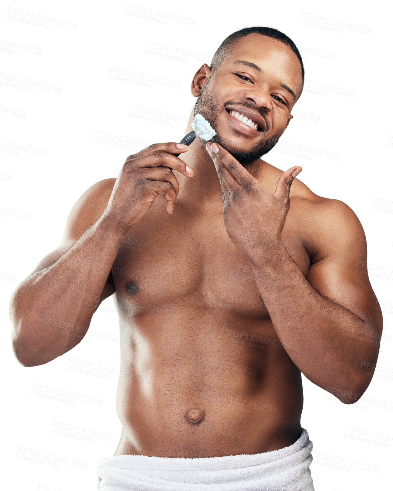 Buy stock photo Happy black man, portrait or shaving beard for skincare grooming isolated on transparent png background. Face, facial hair removal or guy with cream for self love and wellness with cosmetics beauty 