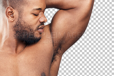 Buy stock photo Smelly, hygiene or black man with sweat on armpit for deodorant isolated on transparent png background. Perfume, face or person checking skincare, bad odor or natural underarm grooming with self love