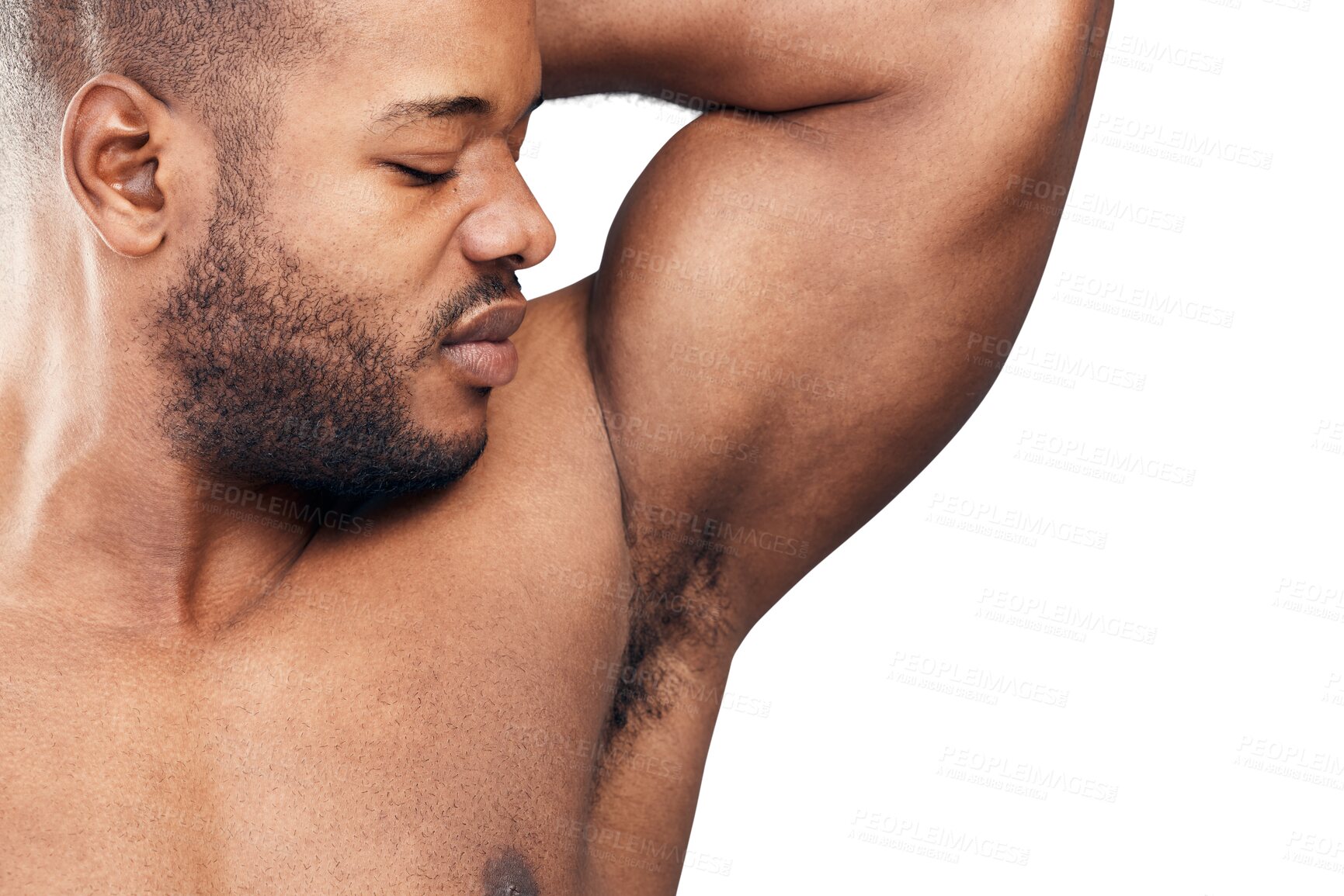 Buy stock photo Smelly, hygiene or black man with sweat on armpit for deodorant isolated on transparent png background. Perfume, face or person checking skincare, bad odor or natural underarm grooming with self love