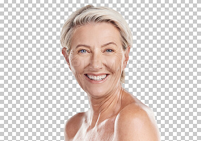 Buy stock photo Isolated senior woman, skincare portrait and smile with beauty, wellness and transparent png background. Mature lady, model and happy with cosmetics, natural skin glow and  anti aging for aesthetic