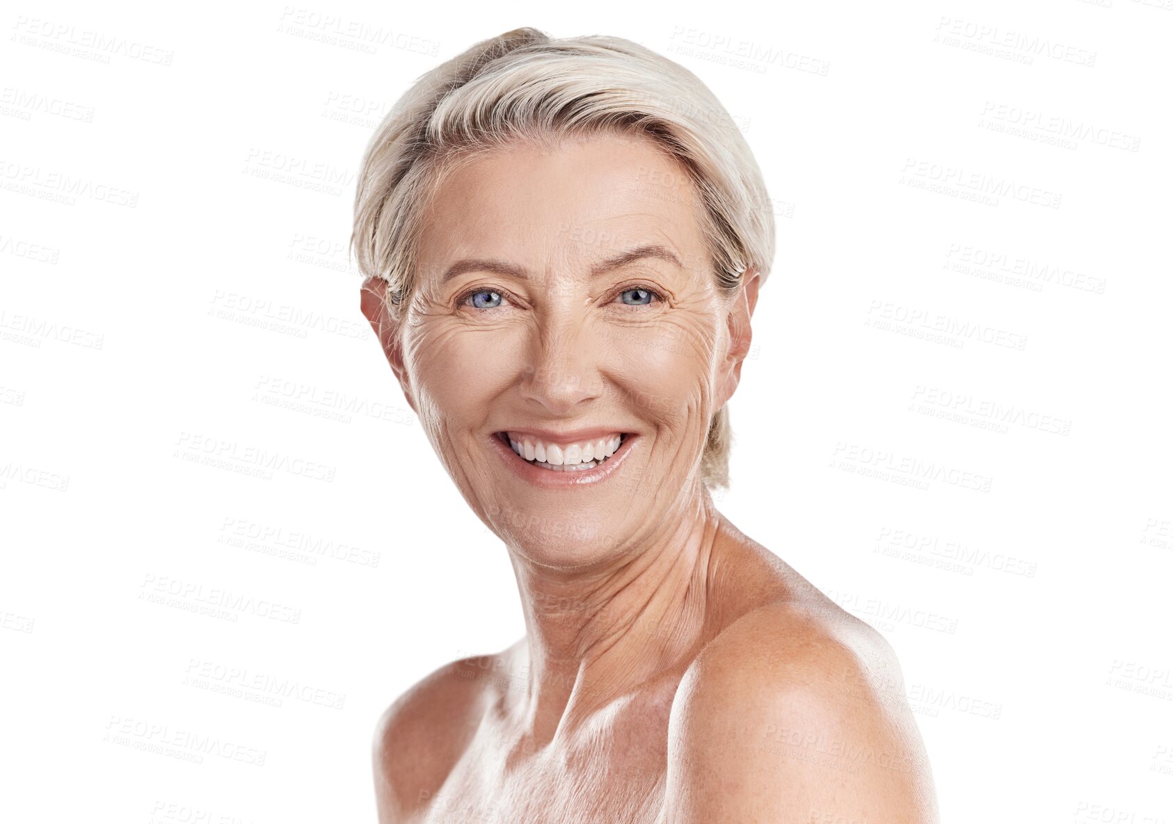 Buy stock photo Isolated senior woman, skincare portrait and smile with beauty, wellness and transparent png background. Mature lady, model and happy with cosmetics, natural skin glow and  anti aging for aesthetic