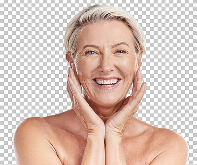 Buy stock photo Happy mature woman, portrait and skincare for natural beauty isolated on a transparent PNG background. Face of elderly or senior female person with smile, touch or natural and healthy anti aging skin