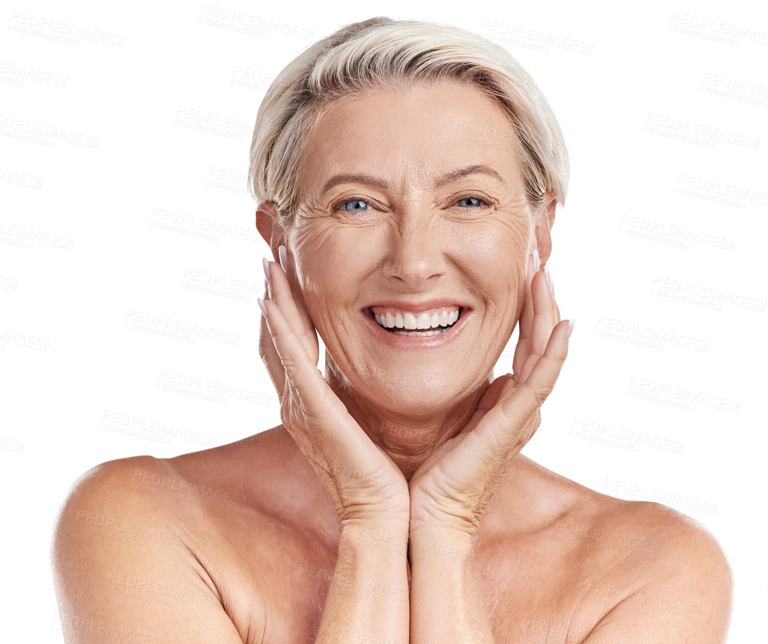 Buy stock photo Happy mature woman, portrait and skincare for natural beauty isolated on a transparent PNG background. Face of elderly or senior female person with smile, touch or natural and healthy anti aging skin