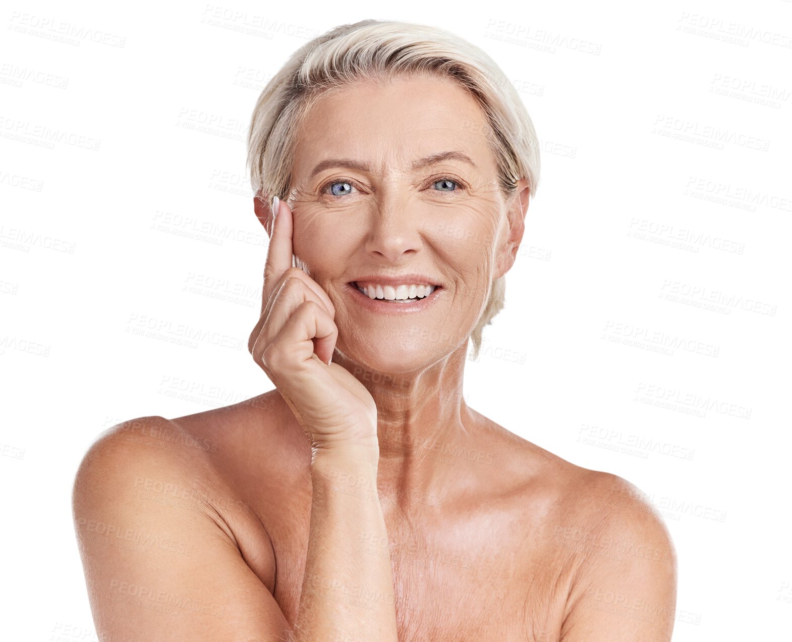 Buy stock photo Portrait, face and senior woman with cosmetics results, skincare or elderly beauty isolated on transparent background. Facial of mature person or model, dermatology or anti aging lines on eyes on png