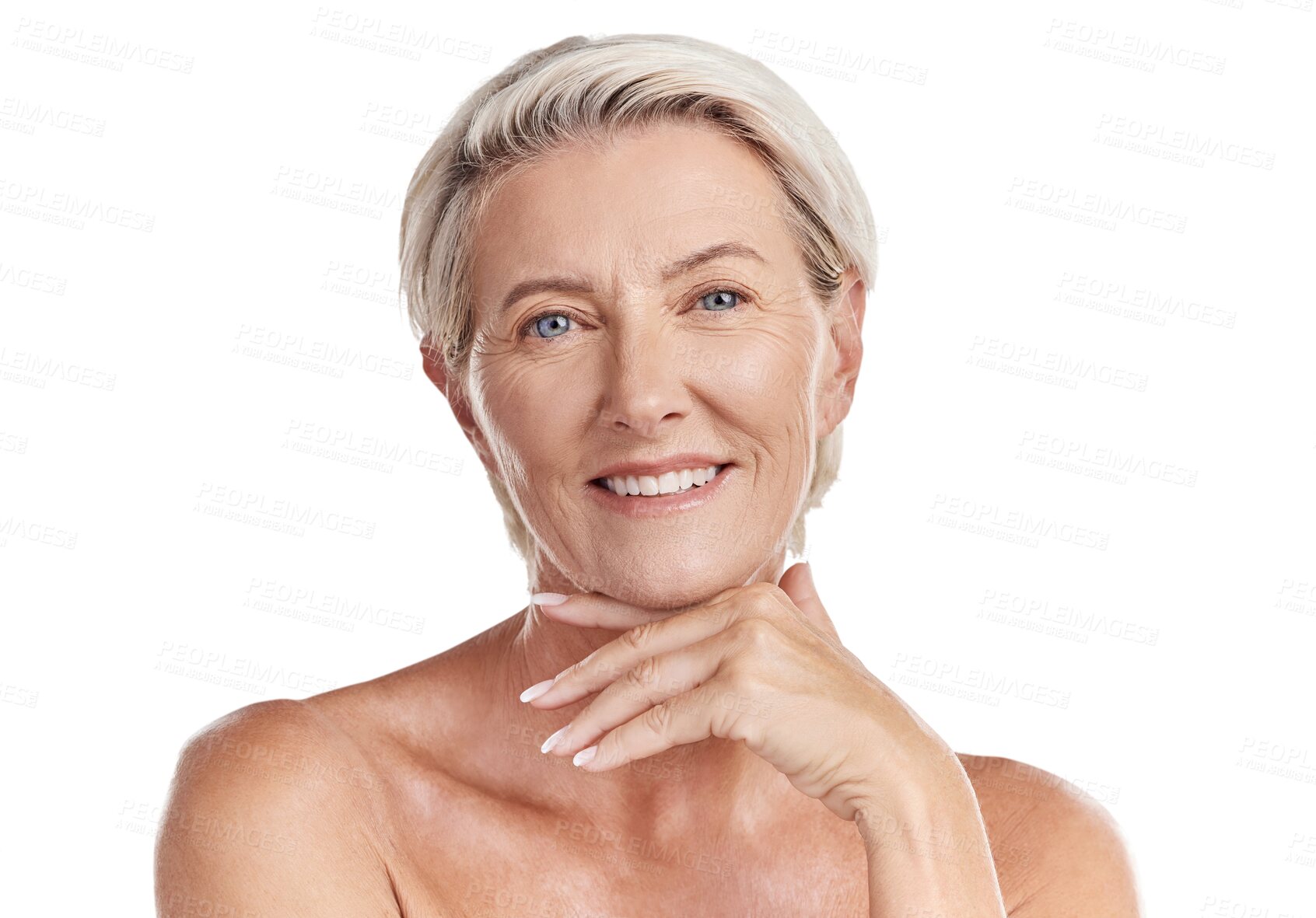 Buy stock photo Beauty, skincare and happy with portrait of old woman on transparent background for dermatology, anti aging and cosmetics. Spa, natural and makeup with person isolated on png for glow and self care