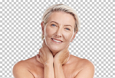 Buy stock photo Skincare, portrait and senior woman with anti aging, wrinkles or natural face routine. Health, beauty and mature female model with facial dermatology treatment isolated by transparent png background.
