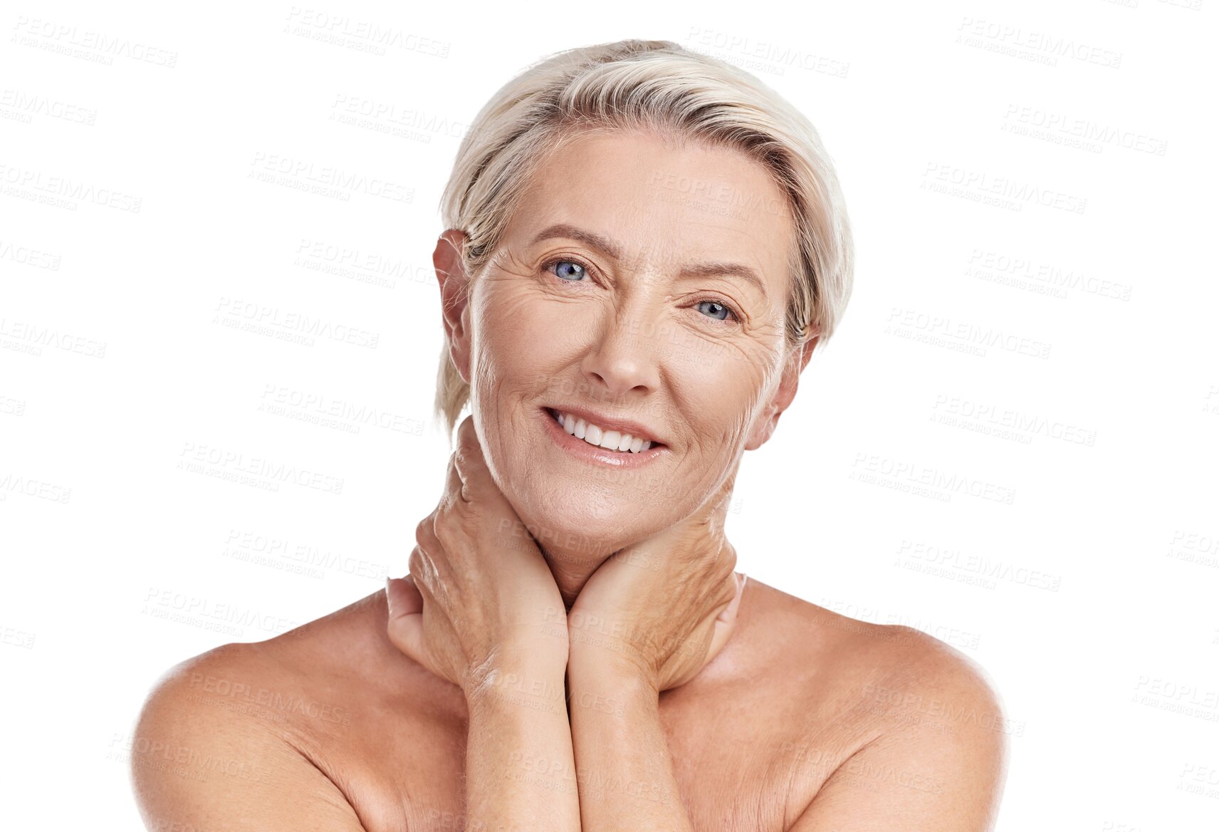 Buy stock photo Skincare, portrait and senior woman with anti aging, wrinkles or natural face routine. Health, beauty and mature female model with facial dermatology treatment isolated by transparent png background.