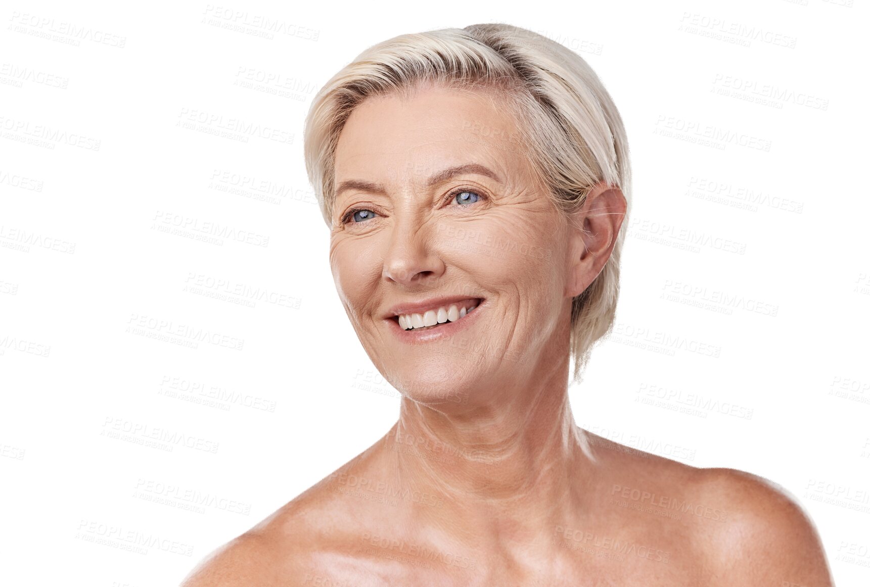 Buy stock photo Thinking, beauty and happy senior woman for cosmetics results, skincare or makeup isolated on transparent png background. Vision, smile and person or model with dermatology, anti aging or skin health