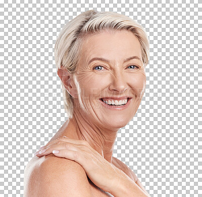 Buy stock photo Beauty, smile and portrait of old woman on transparent background for dermatology, anti aging and cosmetics. Spa, natural and makeup with face of person isolated on png for glow, self care and health