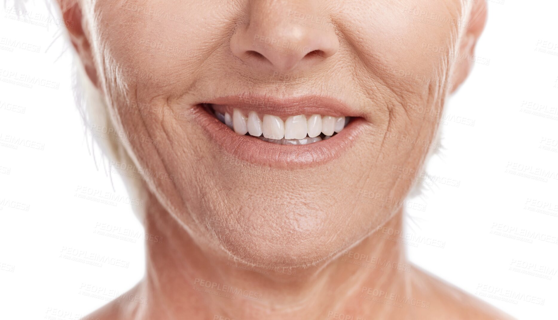 Buy stock photo Happy woman, mouth and teeth smile for dental care isolated on a transparent PNG background. Closeup of mature or elderly female person lips smiling for tooth whitening, oral and gum healthcare