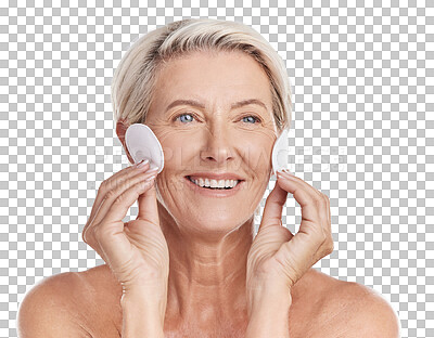 Buy stock photo Happy elderly woman, cotton pad and makeup removal isolated on a transparent PNG background. Face of senior or mature female person with smile for facial cleaning, dermatology treatment or skincare