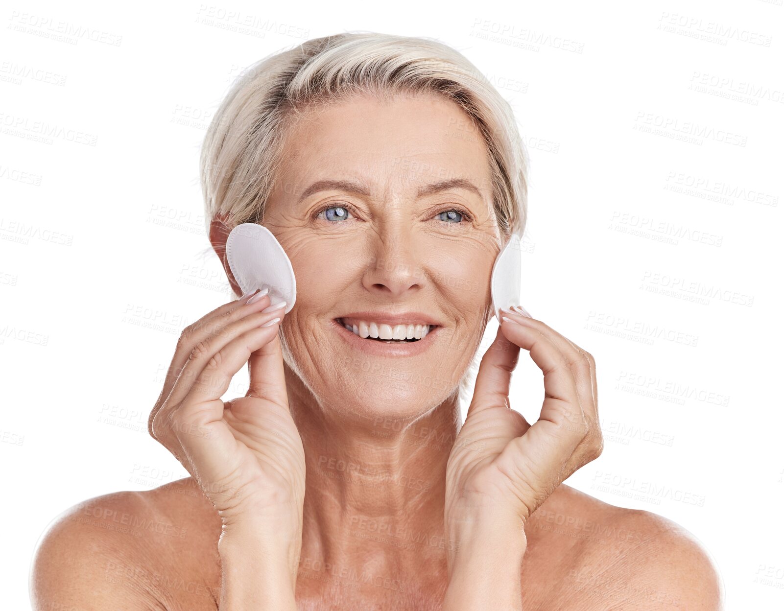 Buy stock photo Happy elderly woman, cotton pad and makeup removal isolated on a transparent PNG background. Face of senior or mature female person with smile for facial cleaning, dermatology treatment or skincare