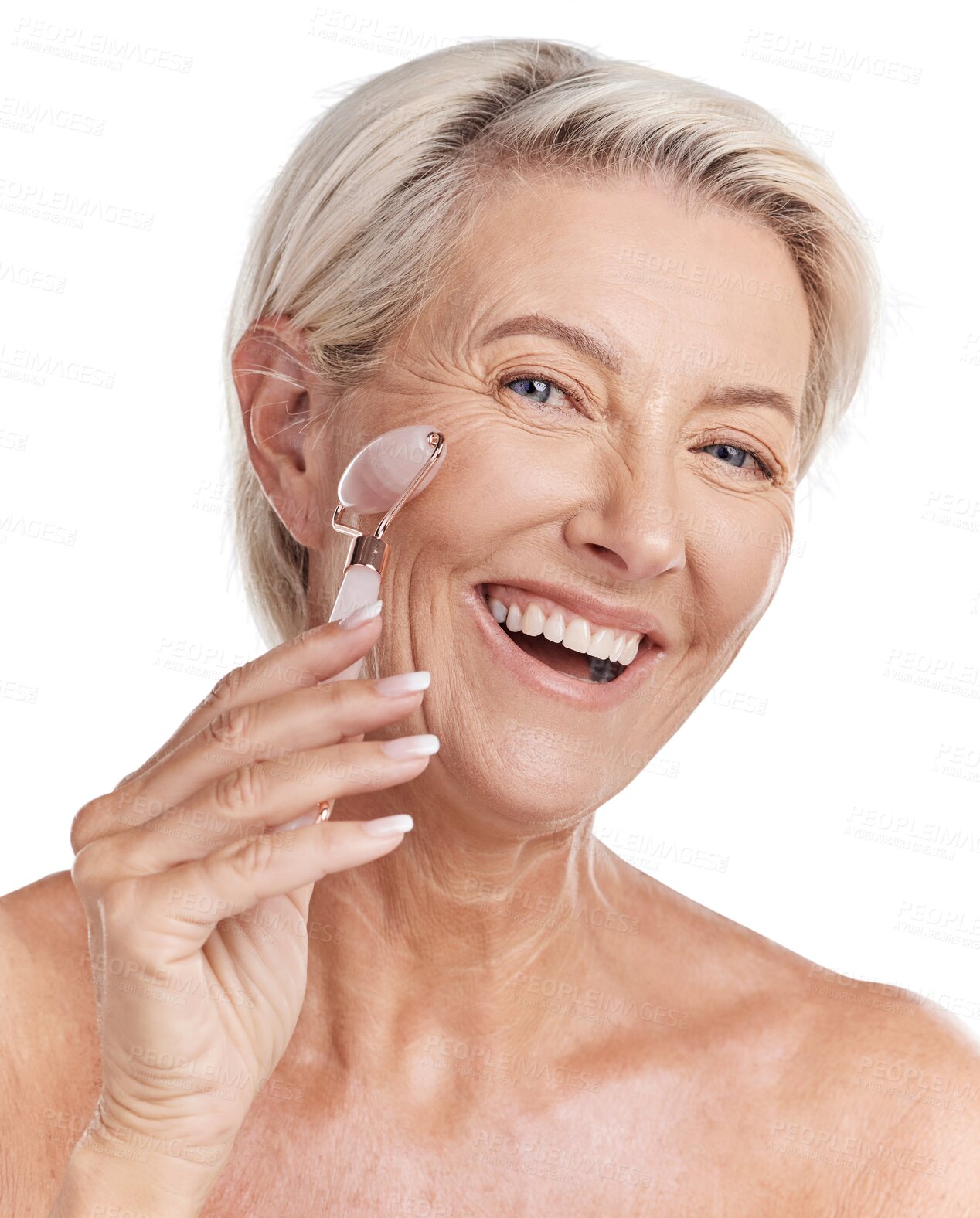 Buy stock photo Happy senior woman, portrait and roller for skincare, beauty or isolated on transparent PNG background. Face of elderly female person smile while rolling skin with crystal tool for facial dermatology